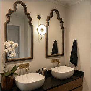 Signature Bathrooms double vanity with ornate mirrors and organised storage