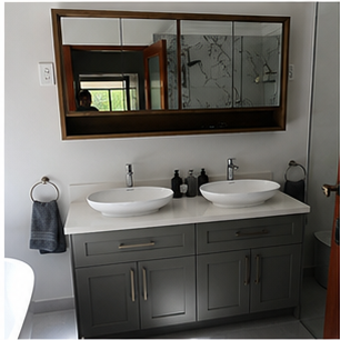 Bathroom mirror cabinet planned as a serviceable storage and lighting element