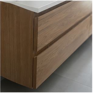 Timber-look vanity edge detail in a Signature Bathrooms project